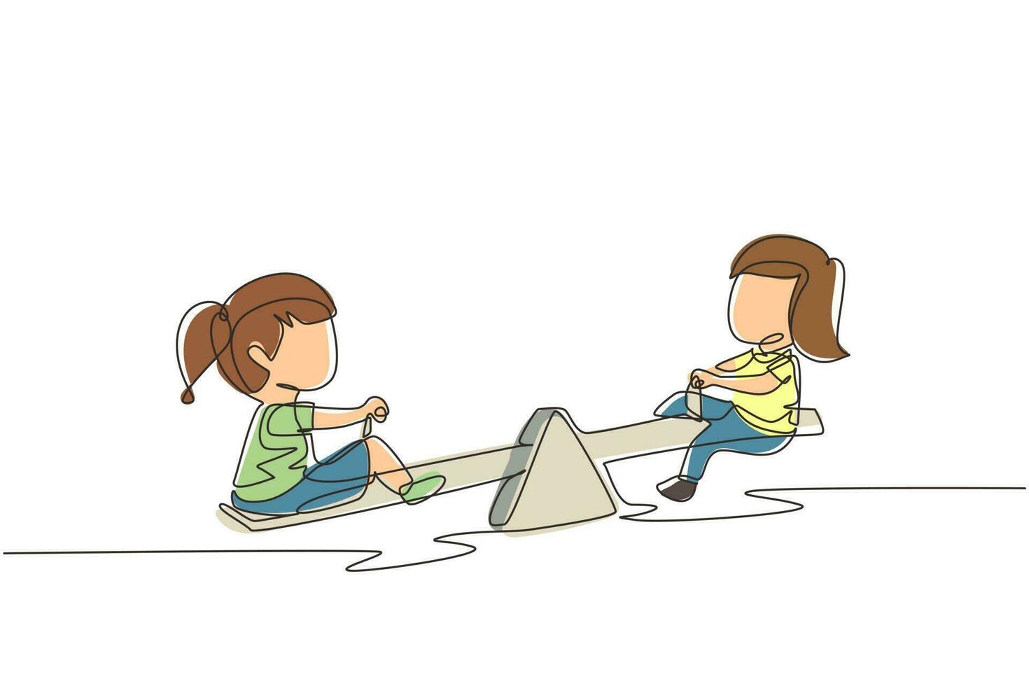 Continuous one line drawing two little girls swinging on seesaw. Kids having fun at playground. Cute kids playing seesaw together happily at park. Single line draw design vector graphic illustration