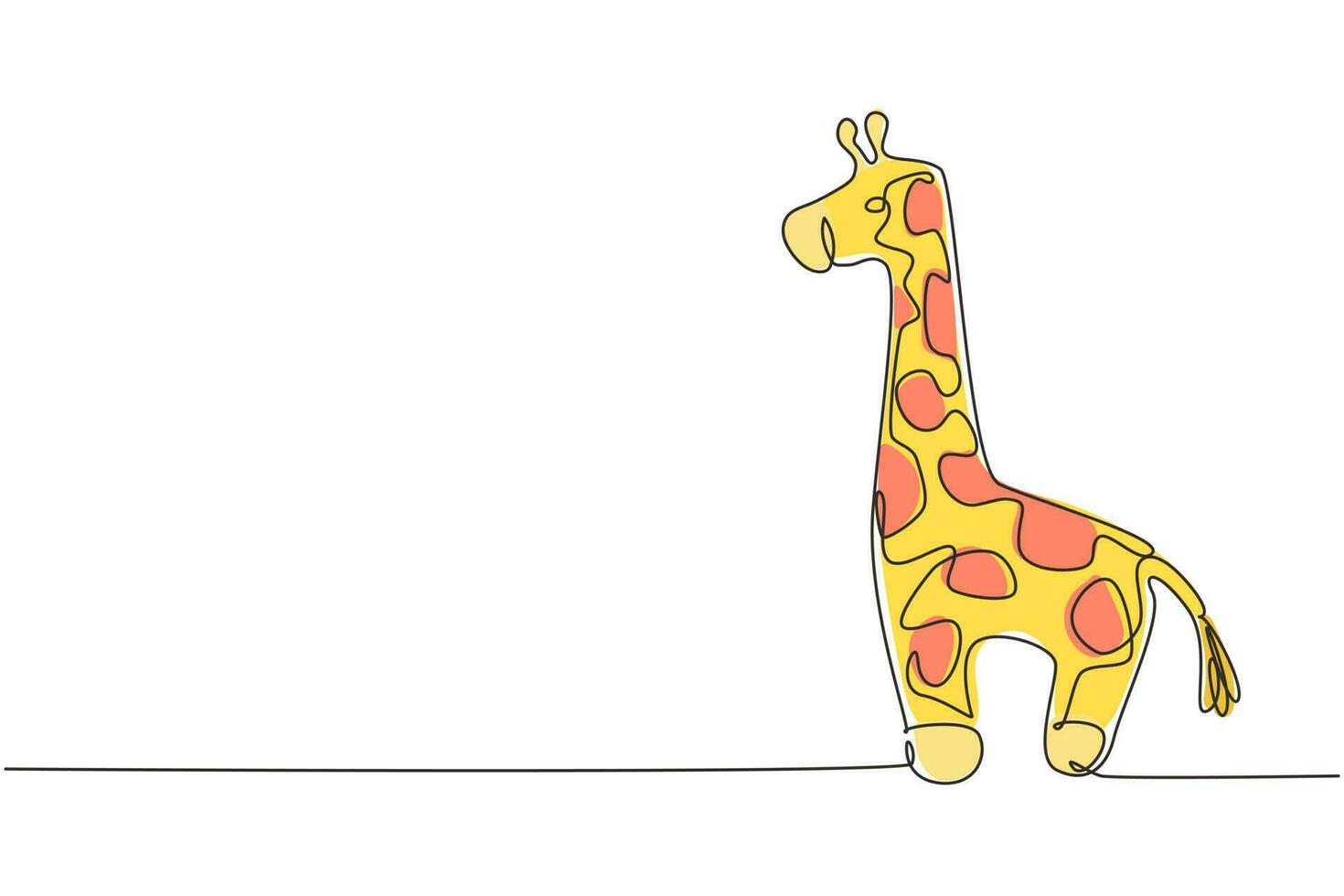 Single continuous line drawing cute giraffe plush doll. Giraffe plush stuffed puppet. Stuffed giraffe toy. Yellow giraffe toys for children. Dynamic one line draw graphic design vector illustration