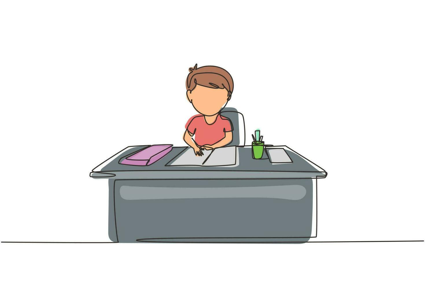 Single continuous line drawing boy studying on table with stationery such as books, pencils, pens. Kid makes homework from school. Intelligent student. One line draw graphic design vector illustration