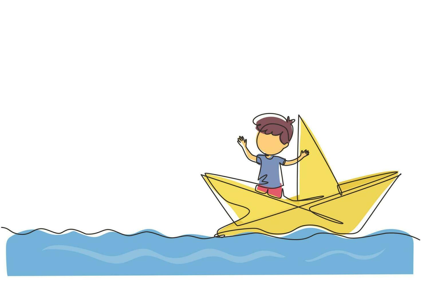 Continuous one line drawing cute smiling little boy sailing on paper boat. Happy smiling kid having fun and playing sailor in imaginary world. Single line draw design vector graphic illustration