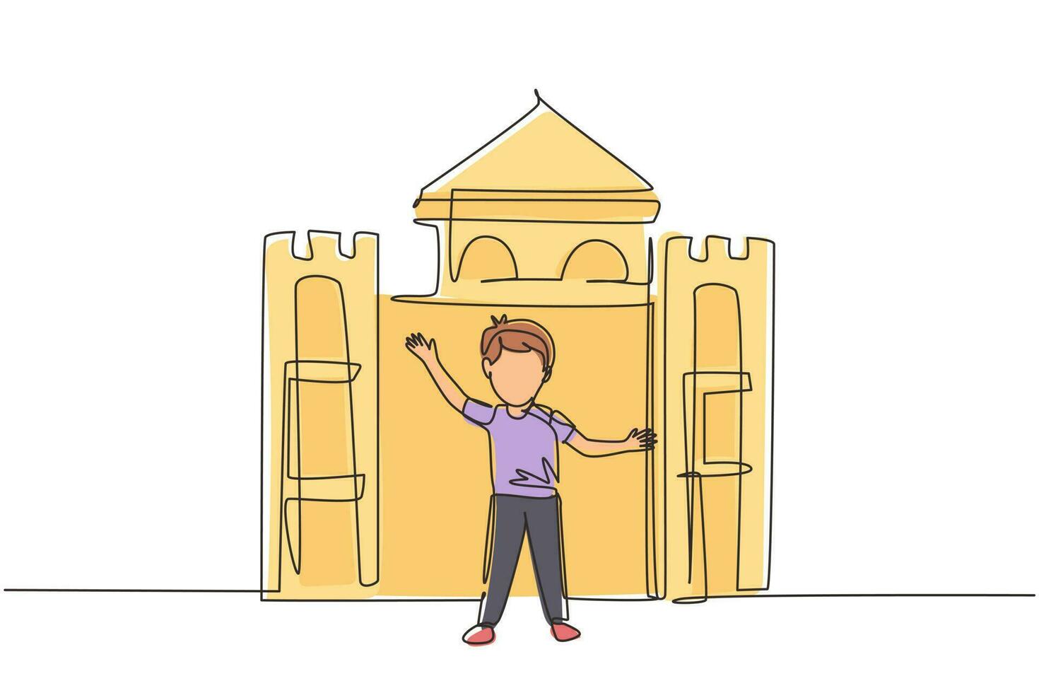 Continuous one line drawing cheerful boy playing in castle made of cardboard boxes. Happy little medieval prince. Creative kid playing castle. Single line draw design vector graphic illustration