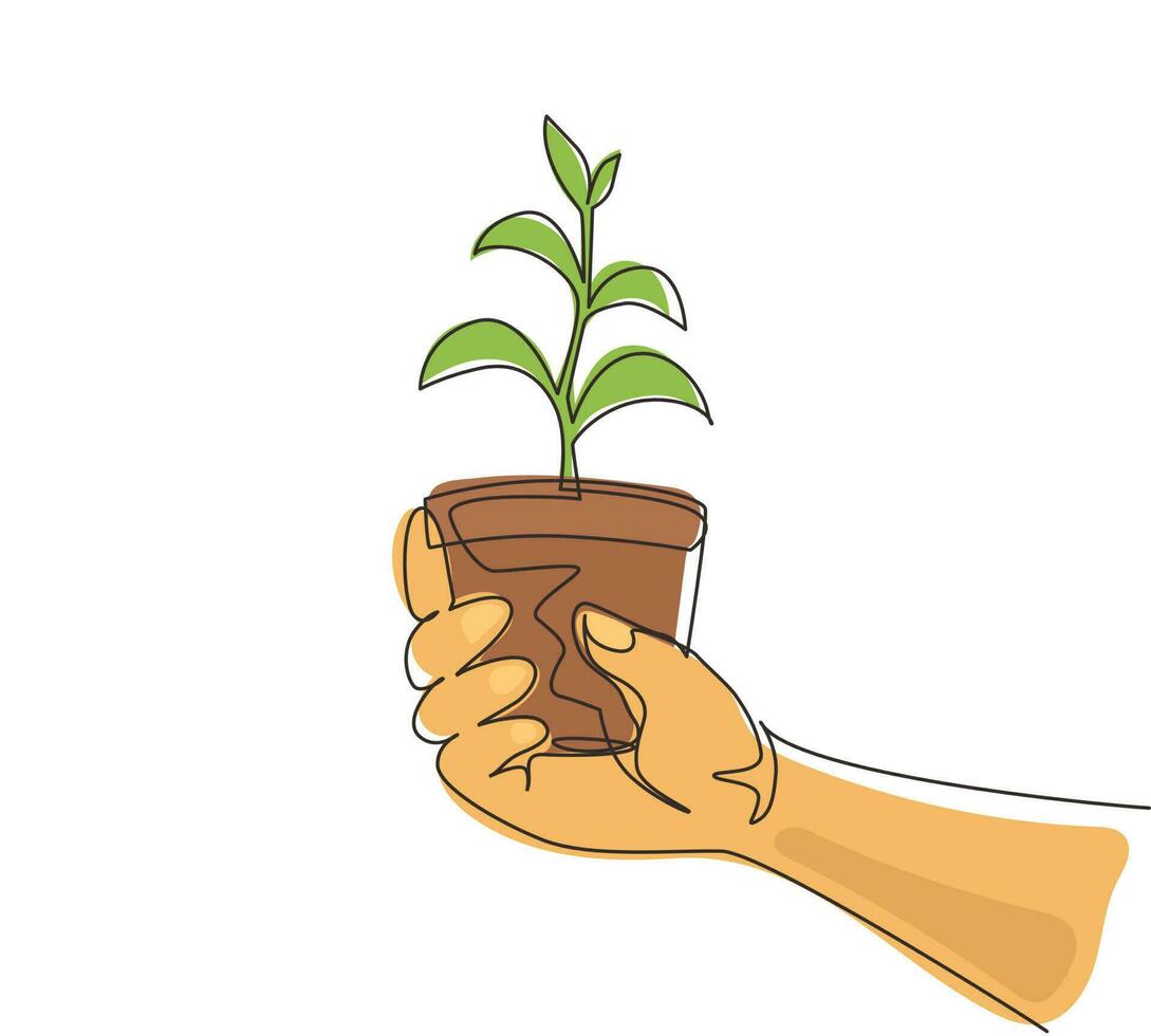 Continuous one line drawing agronomist holding seedlings in peat pots. Female hands touching the plants for planting tree. The spring planting. Single line draw design vector graphic illustration