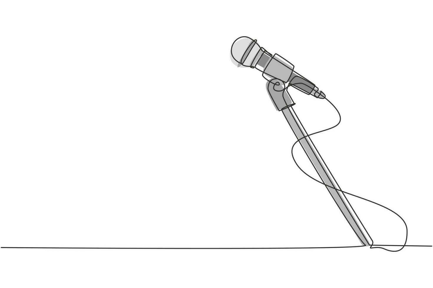 Single one line drawing stand with microphone on white background. Singer sing song with standing mic at music concert summer festival. Modern continuous line draw design graphic vector illustration