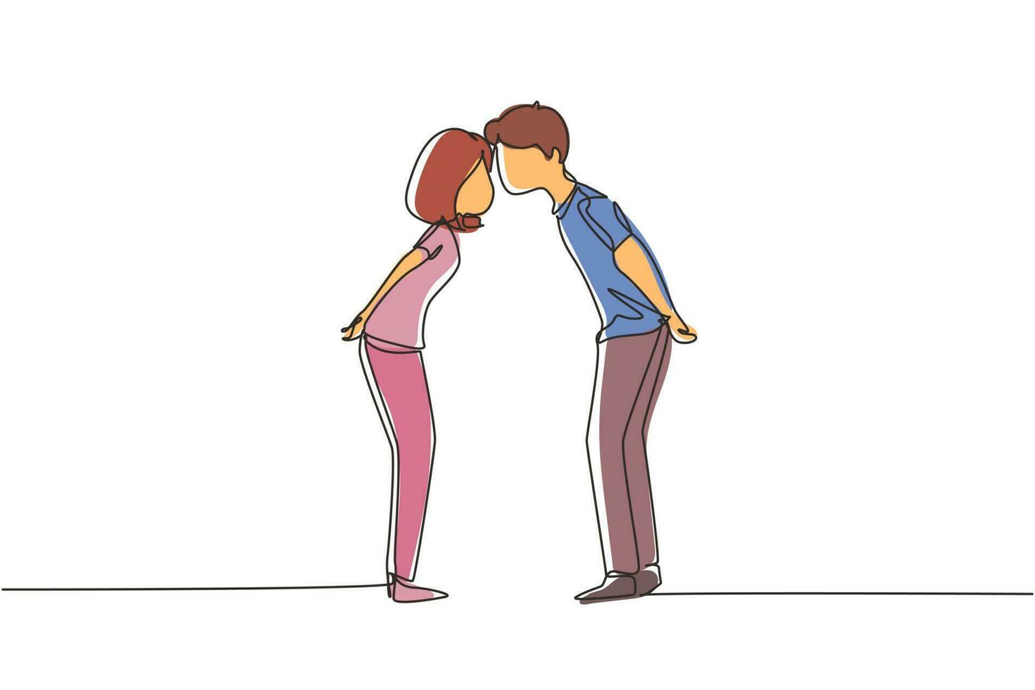 dibujo de una sola línea continua chico y chica enamorados y besándose. jóvenes amantes de la pareja besándose. feliz hombre y mujer celebrando el aniversario de boda. ilustración de vector de diseño gráfico de dibujo de una línea