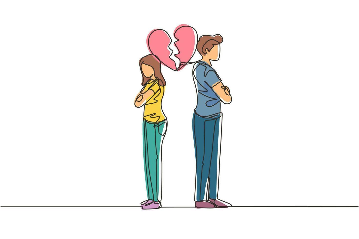 Single continuous line drawing divorced couple or couples are angry. Relationship break up, broken heart, couple facing opposite direction. Dynamic one line draw graphic design vector illustration