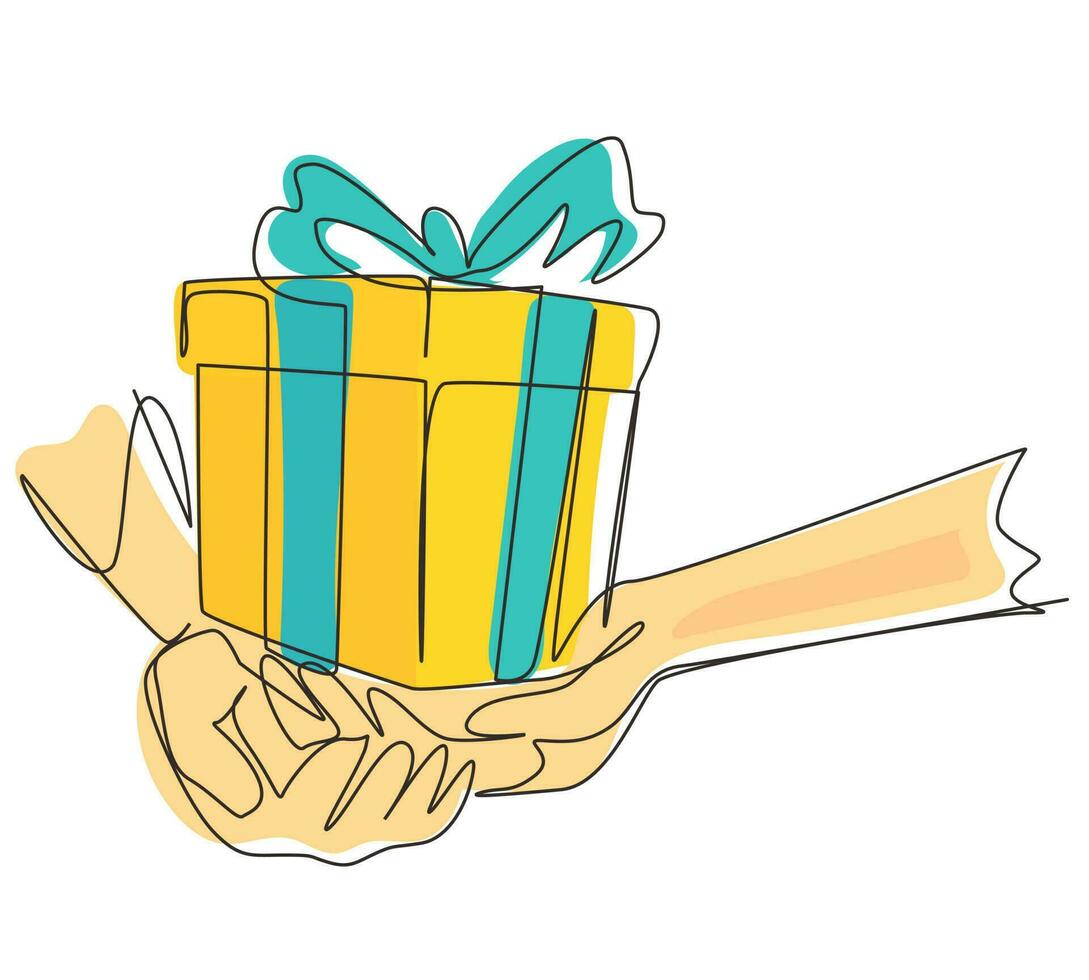 Continuous one line drawing female hands holding beautiful small gift wrapped with ribbon. Romantic surprise. Birthday presents cardboard box with ribbon. Single line draw design vector illustration