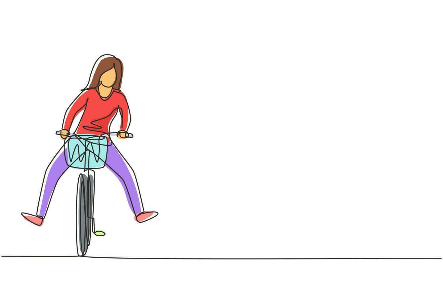 Single one line drawing happy young woman in casual clothes riding bicycle. Healthy and sport lifestyle. Ecological vehicle of transportation. Continuous line draw design graphic vector illustration