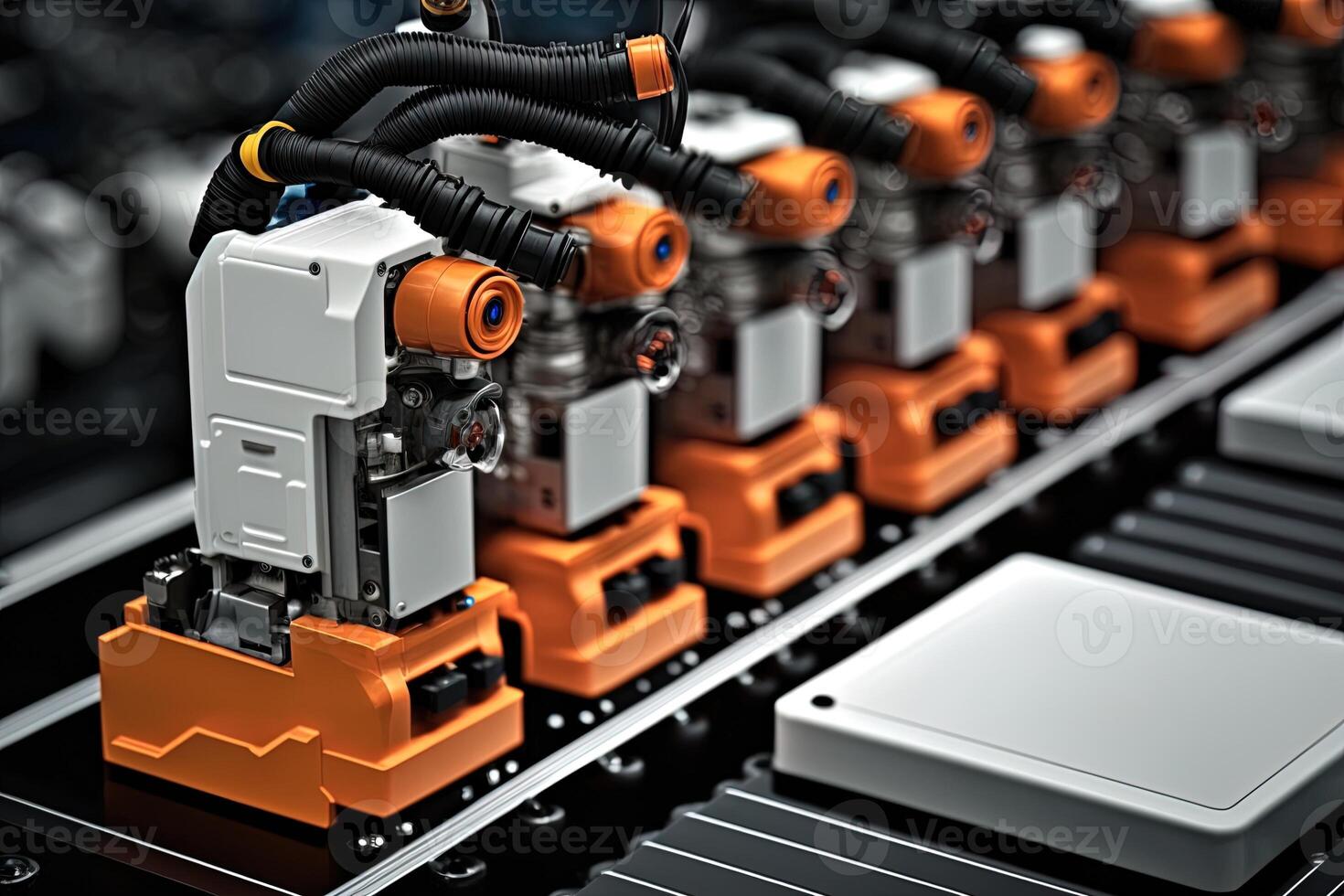 interior de industria fábrica, robot montaje línea con eléctrico coche batería células módulo en plataforma. generativo ai foto