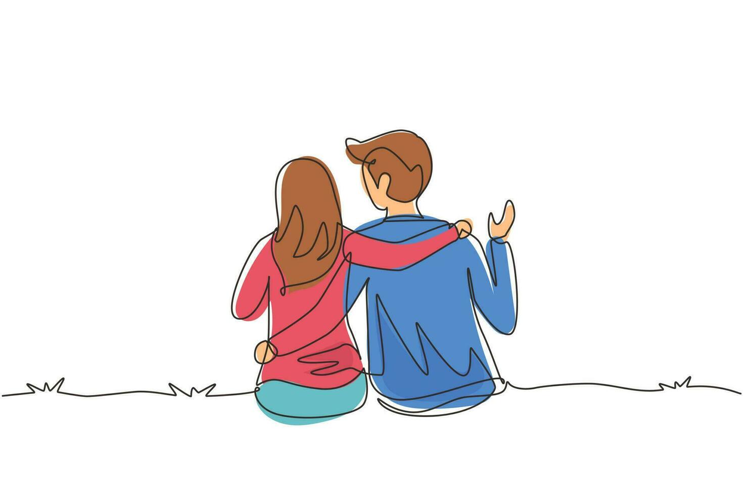 Continuous one line drawing Happy family. Couple in relationship in love. Man hugging his partner woman. Intimacy celebrates wedding anniversary. Single line draw design vector graphic illustration