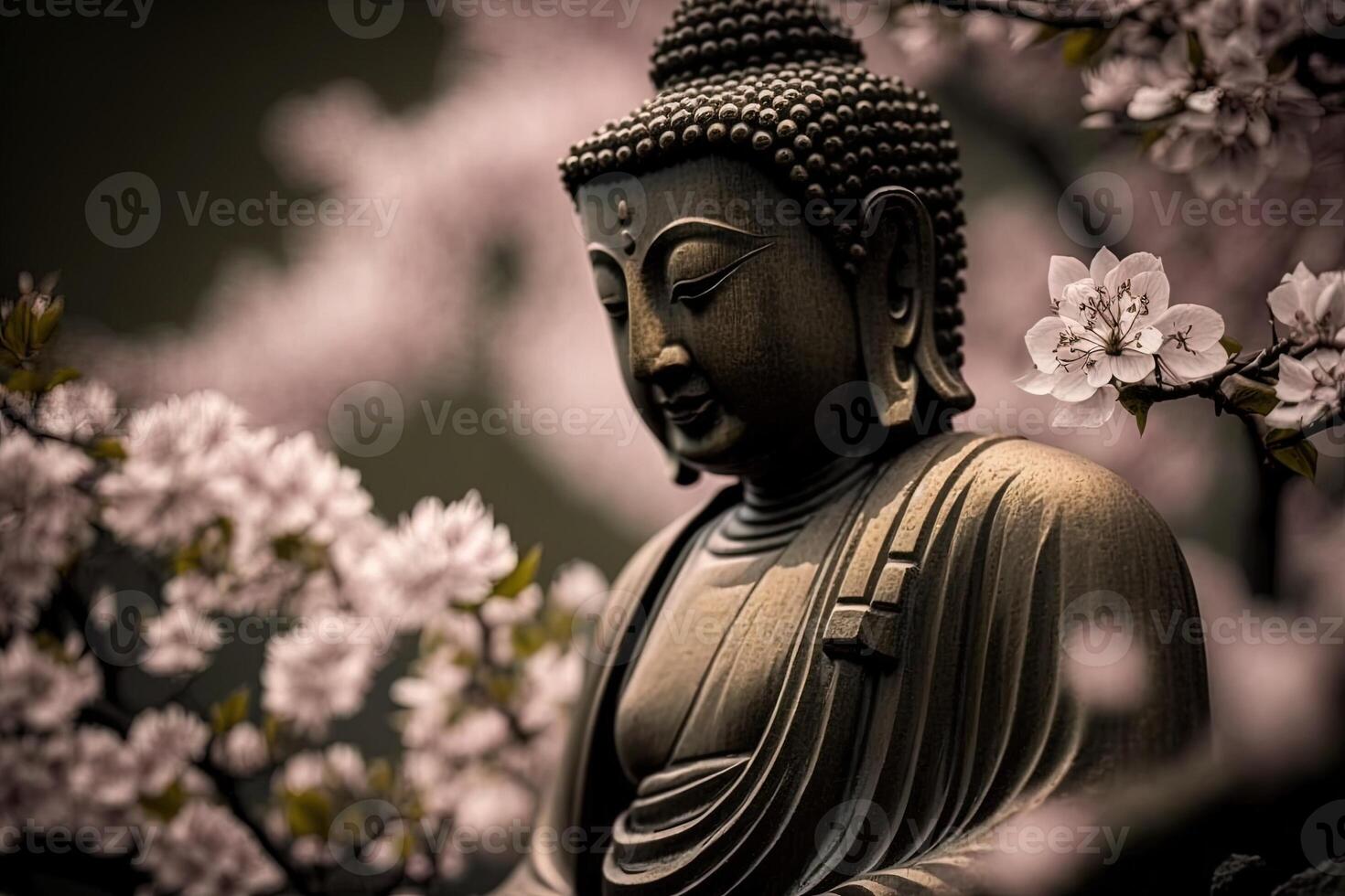 Buda estatua con Cereza florecer. mediación y zen concepto. generativo ai ilustración de dorado estatua de Buda a zen jardín foto