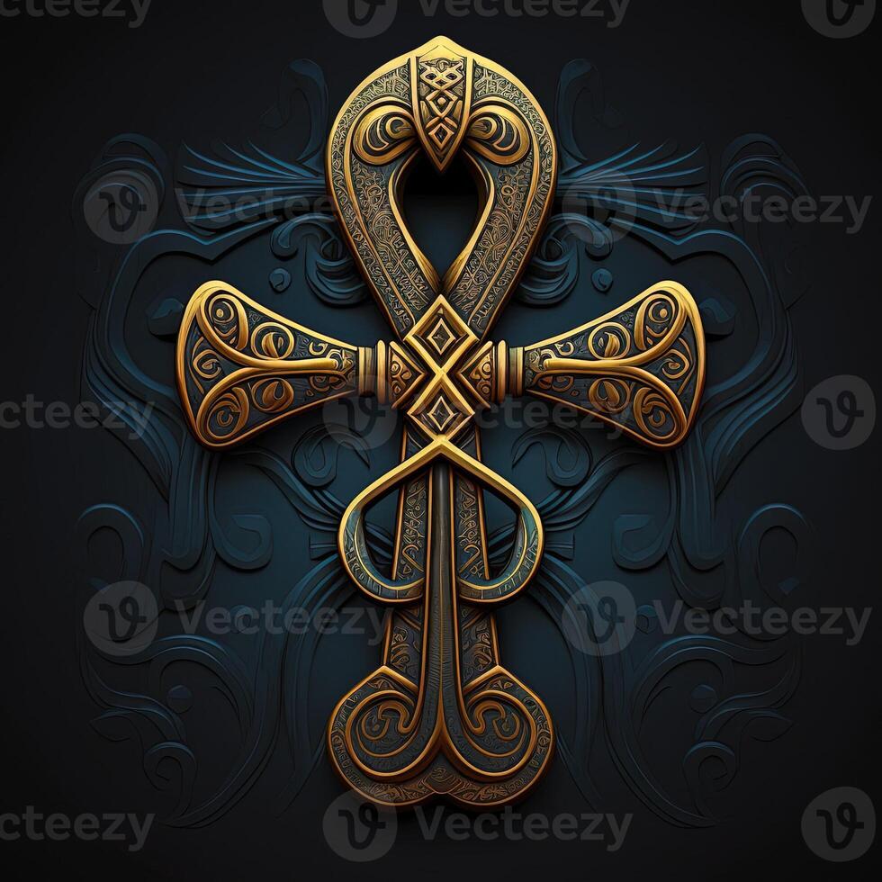 Ancient golden ankh symbol isolated on dark background. Illustration of an Egyptian cross in digital form. The ancient Egyptians used the Ankh as a symbol for eternal life. photo