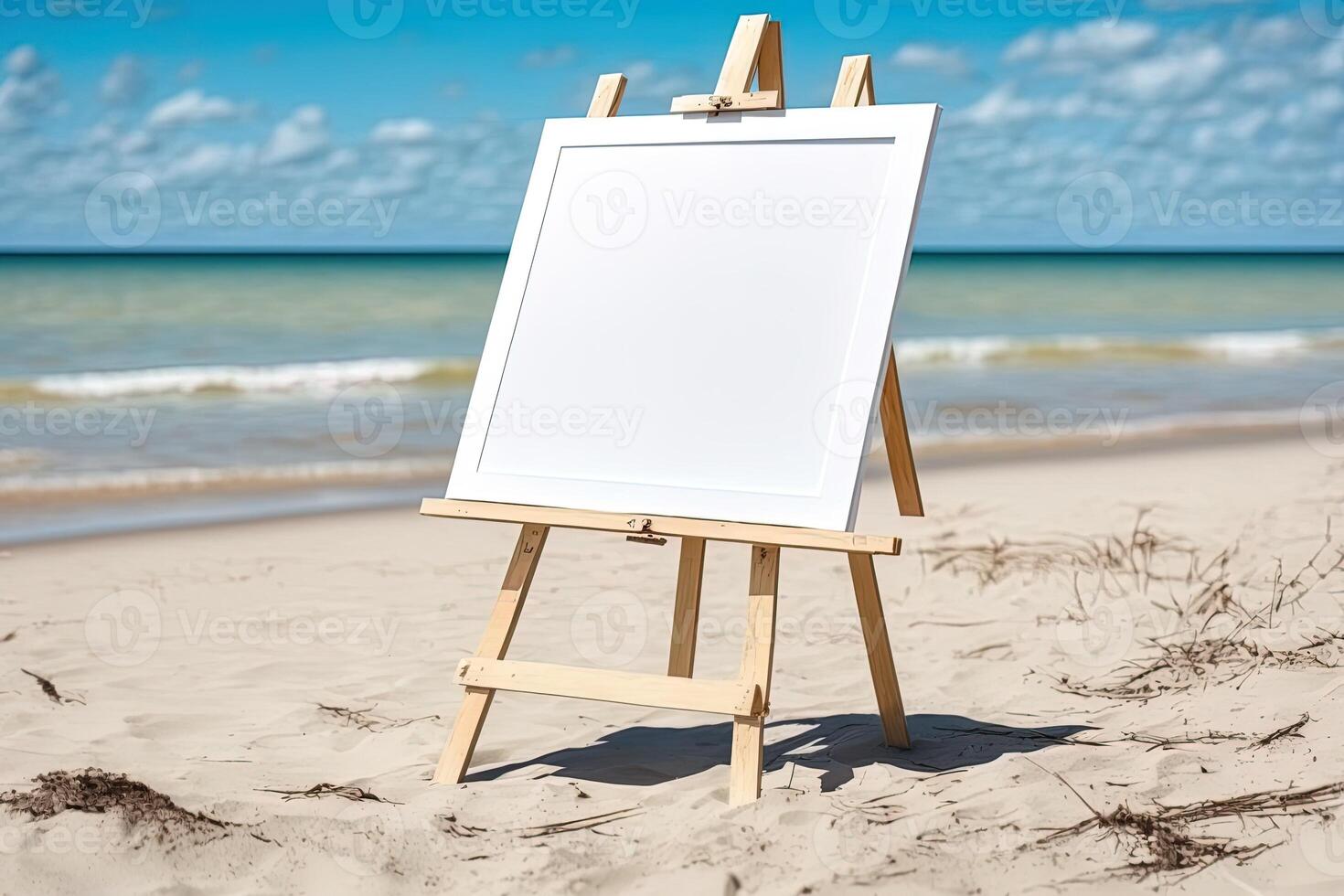 White blank artist frame on a small wooden easel on summer sea beach background with copy space. Advertising mockup artboard for pictures or artwork. Painting frame template banner. photo