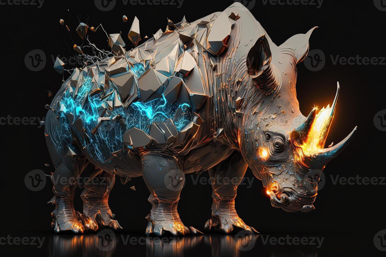 fusion of metal Rhino exploding through fire surrounded by scattered glass shards and debris, cosmic energy photo