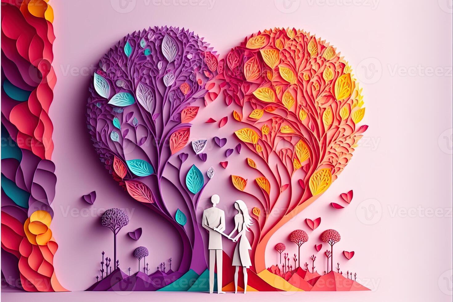 origami spring background, joyful elderly, happy couple, spring colorful. Paper cut craft, 3d paper illustration style, pop color. Valentine day concept. Love concept art. photo