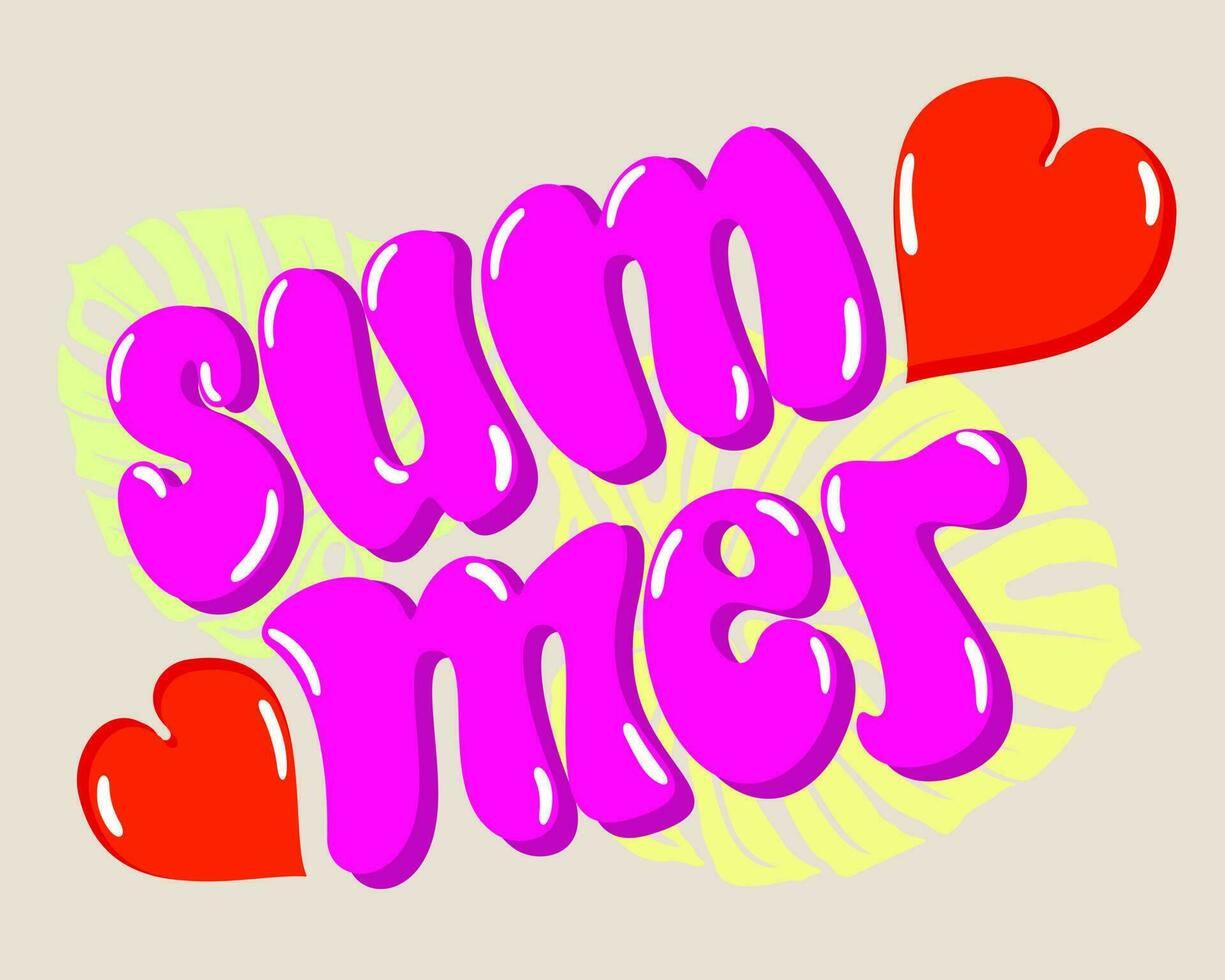 Summer. Bright pink vector lettering with hearts and monstera leaves.