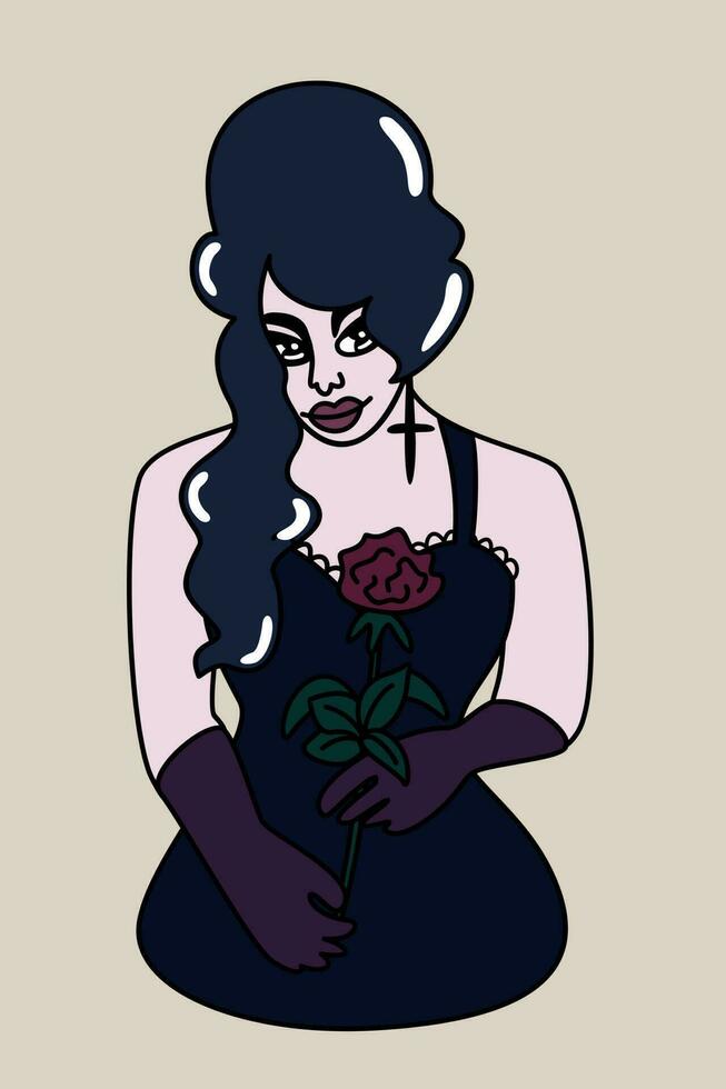 Vector portrait of young woman with a rose dressed in gothic style.