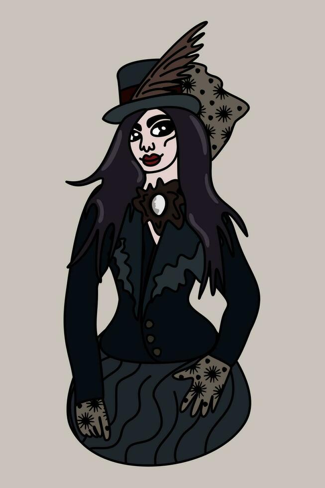 Vector portrait of young woman dressed in gothic style.