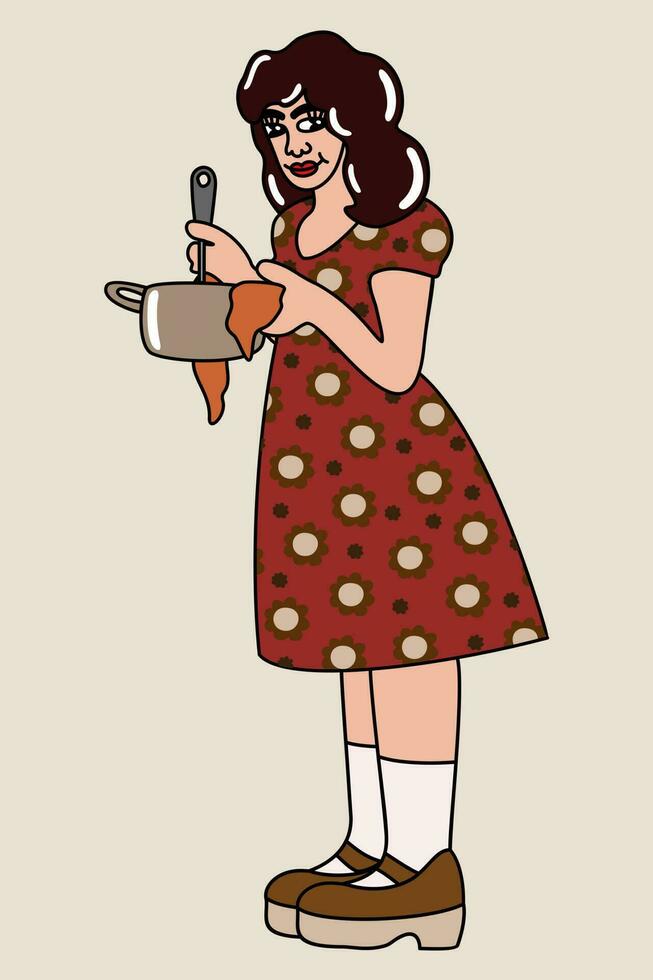 Retro girl. Young woman with saucepan. Vector isolated illustration.