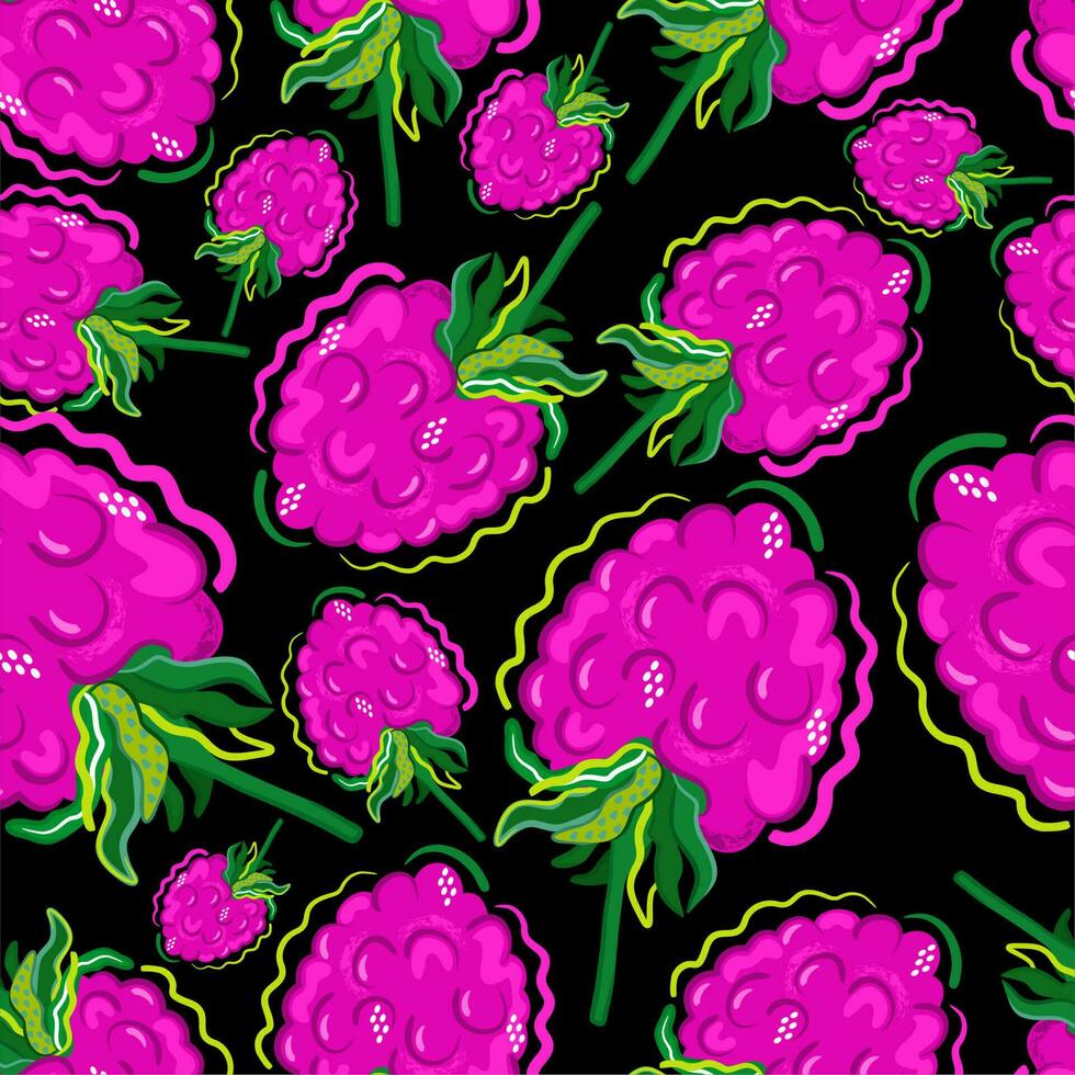 Vector seamless pattern with bright raspberries on black background.