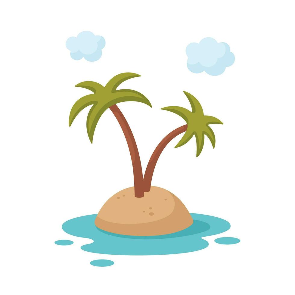 dibujos animados tropical isla con palmas plano diseño. niños vector ilustración aislado en blanco antecedentes. isla garabatear icono, verano vacaciones concepto.