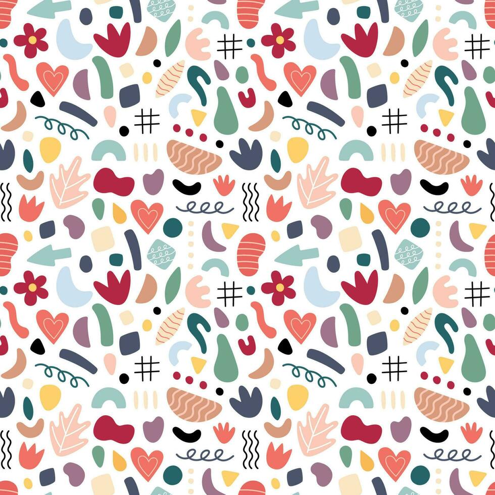 Abstract geometric shapes seamless pattern. Vector Hand drawn various shapes and doodle objects. Abstract contemporary modern style. Trendy colorfull illustration. Stamp texture.