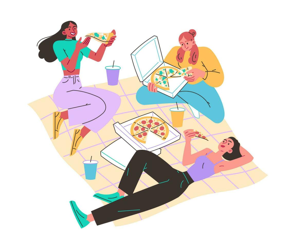 Girls in meadow on blanket eating pizza. Picnic, relaxing in nature vector