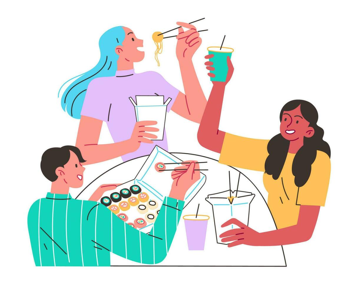 People at food court eating Asian food vector
