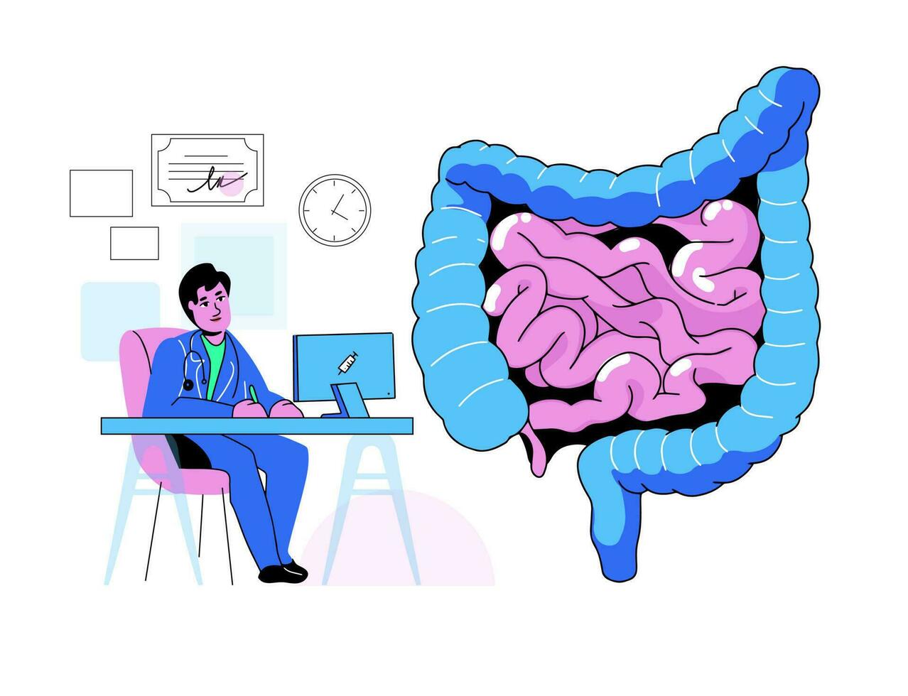 The Doctor examines the big intestines. Vector illustration in neobrutalism style. Gastroenterologist conducts research on the intestines. The nurse sits at the computer and writes out a prescription