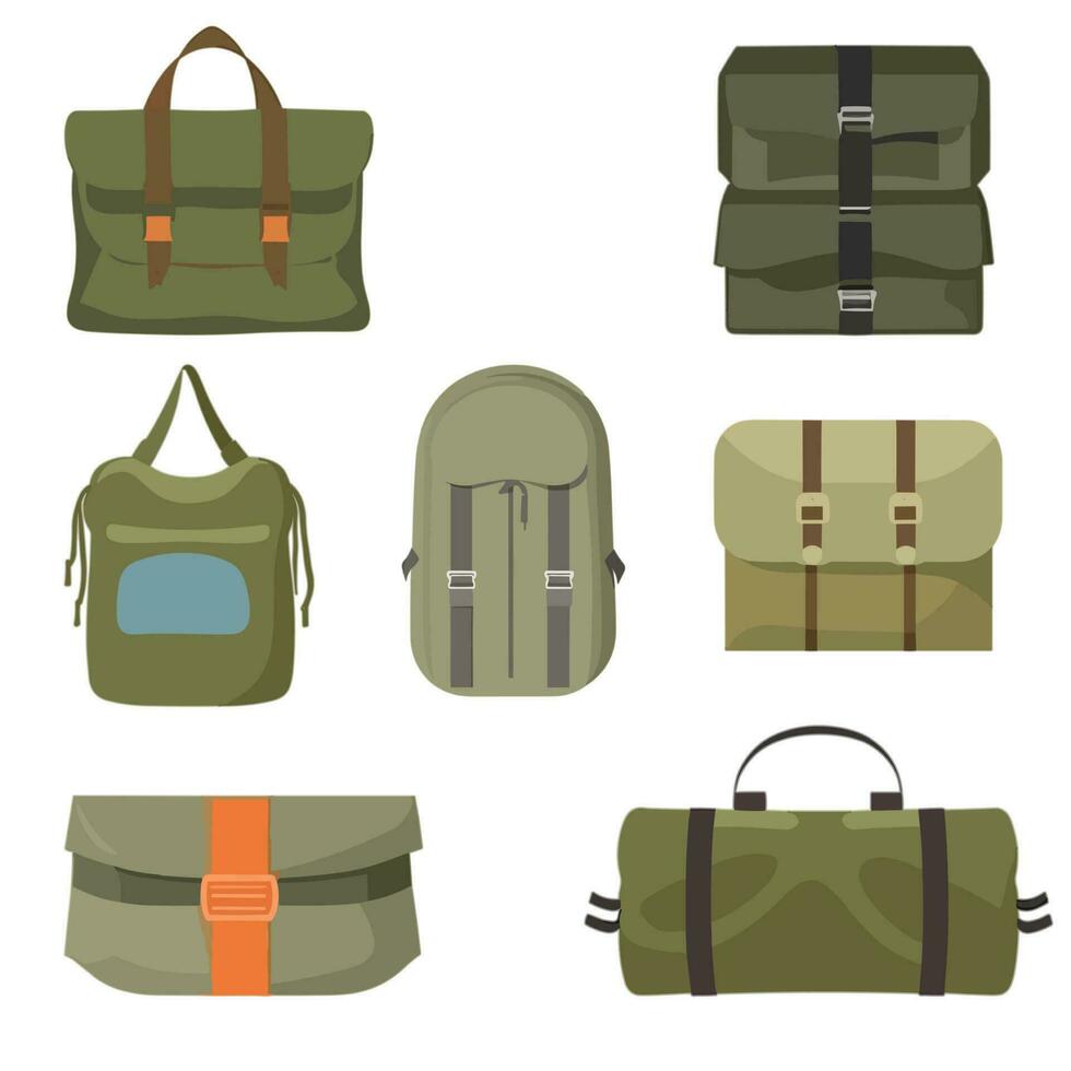 vector ilustración conjunto excursionismo bolso