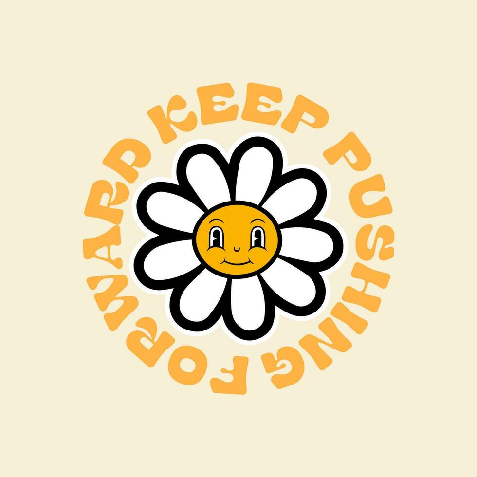 eslogan impresión con maravilloso flores y sonriente rostro, Años 70 maravilloso temática mano dibujado vector