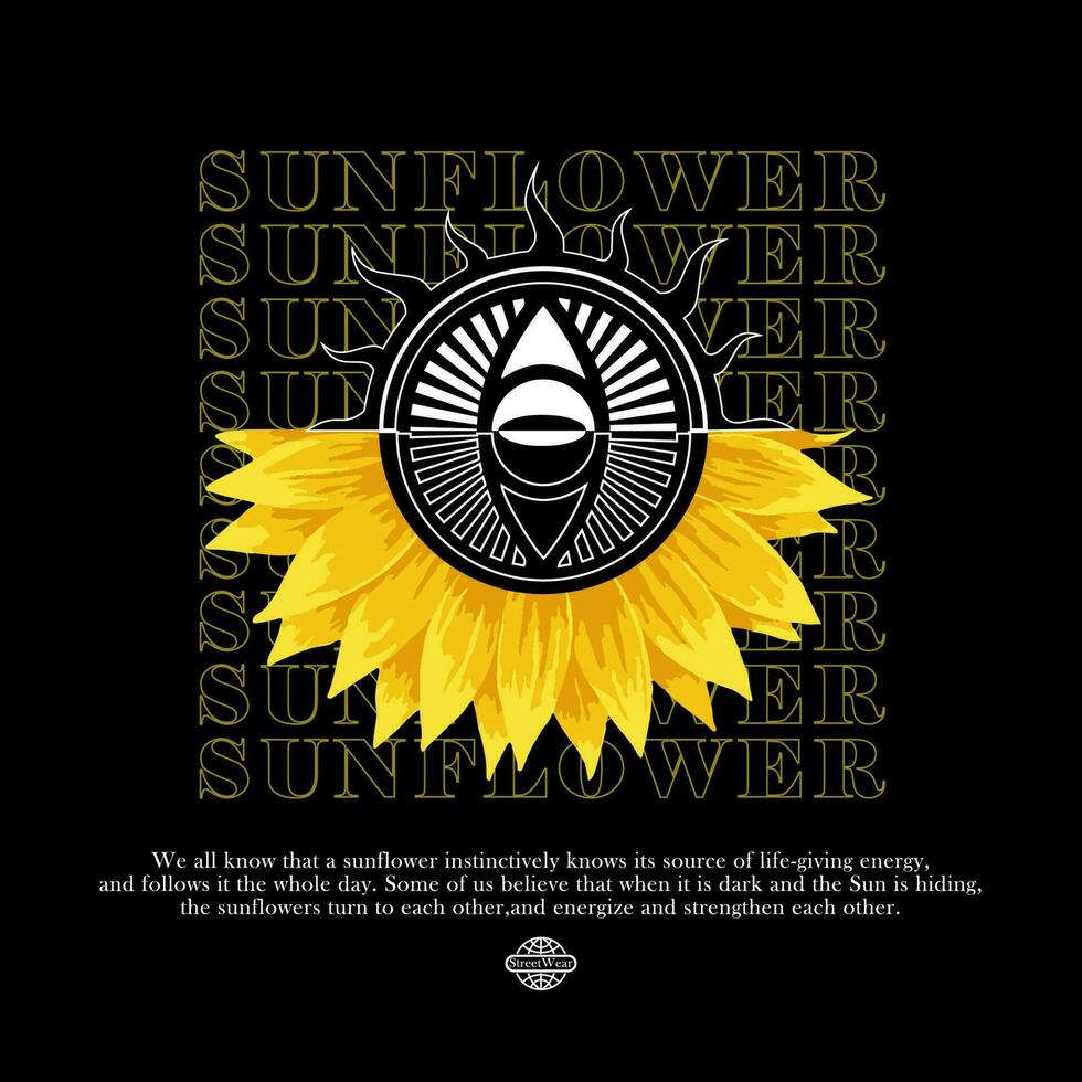 Abstract poster with text sunflower, planet earth and flowers. stylish print for streetwear, print for t-shirts and hoodies vector