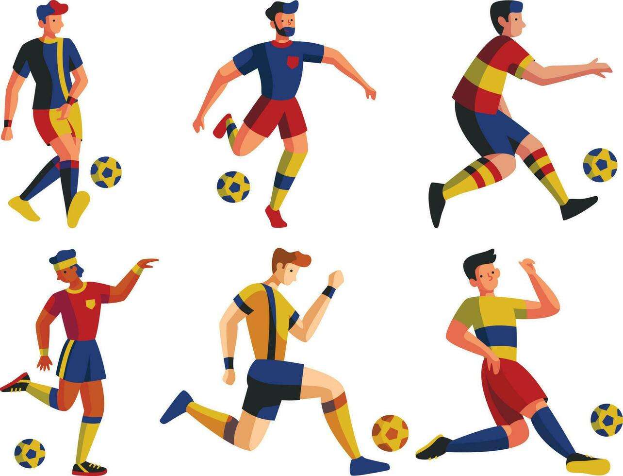 fútbol jugador colocar. dibujos animados fútbol jugadores en acción y movimiento. vector ilustración