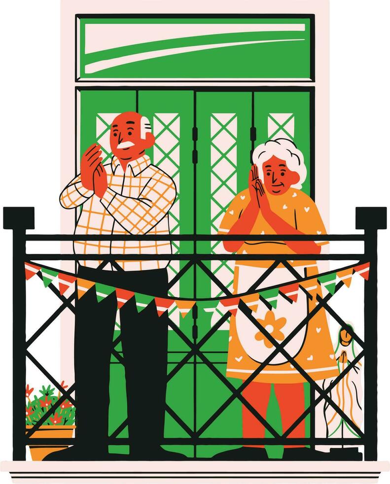 Elderly couple talking on the balcony. Flat vector illustration.