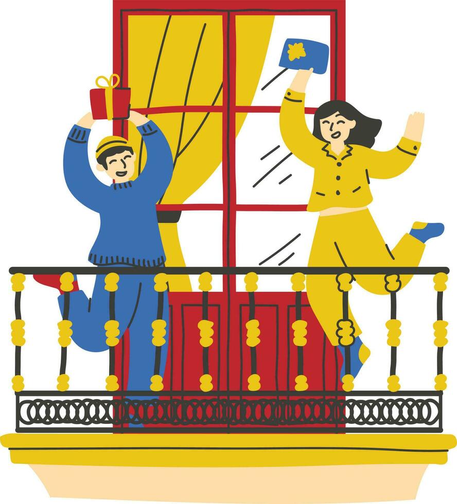 Happy couple on the balcony. Vector illustration in flat cartoon style.