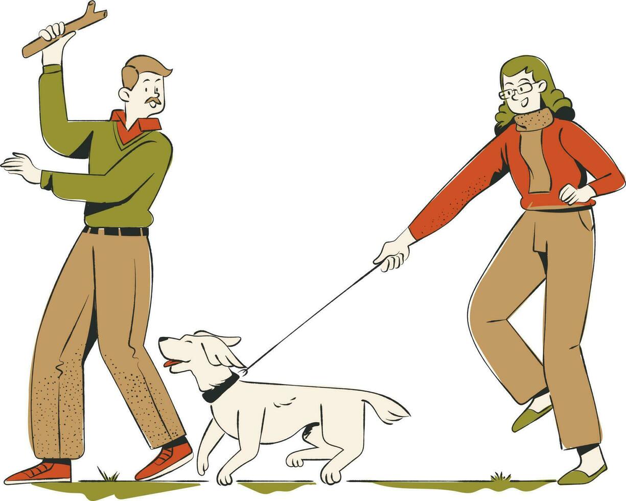 person with a dog. Man and woman walking with a dog on a leash. Vector illustration.