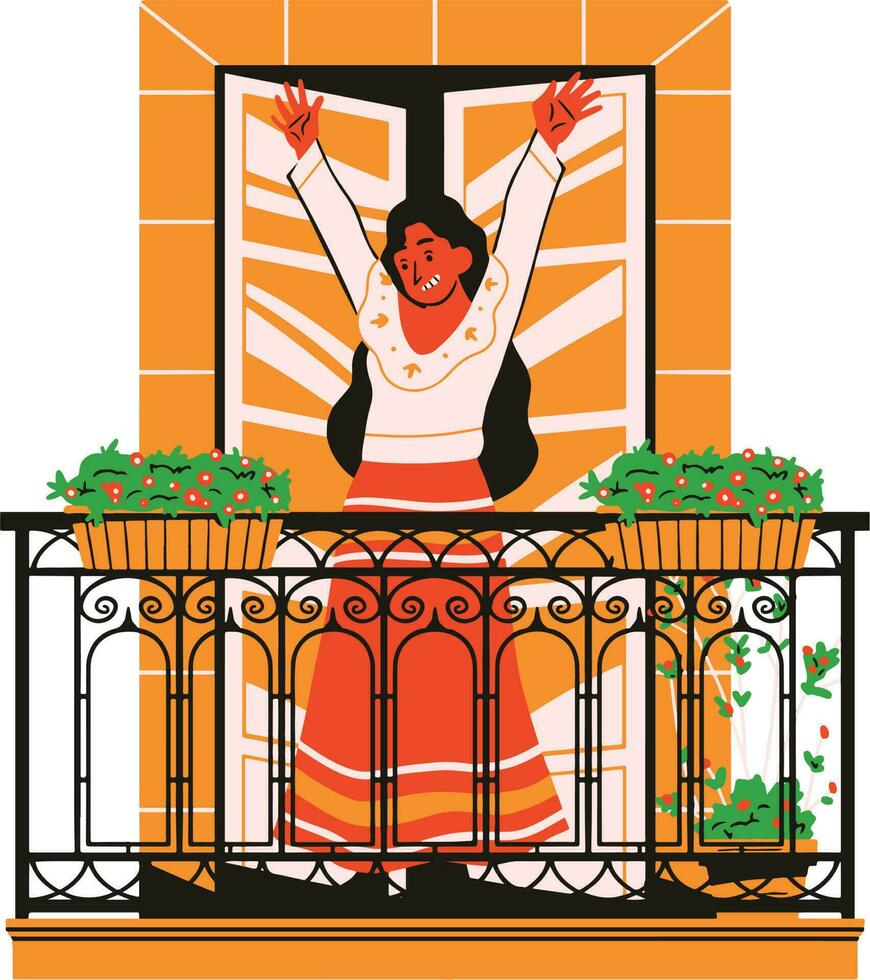 balcón con mujer en terraza. plano vector ilustración.