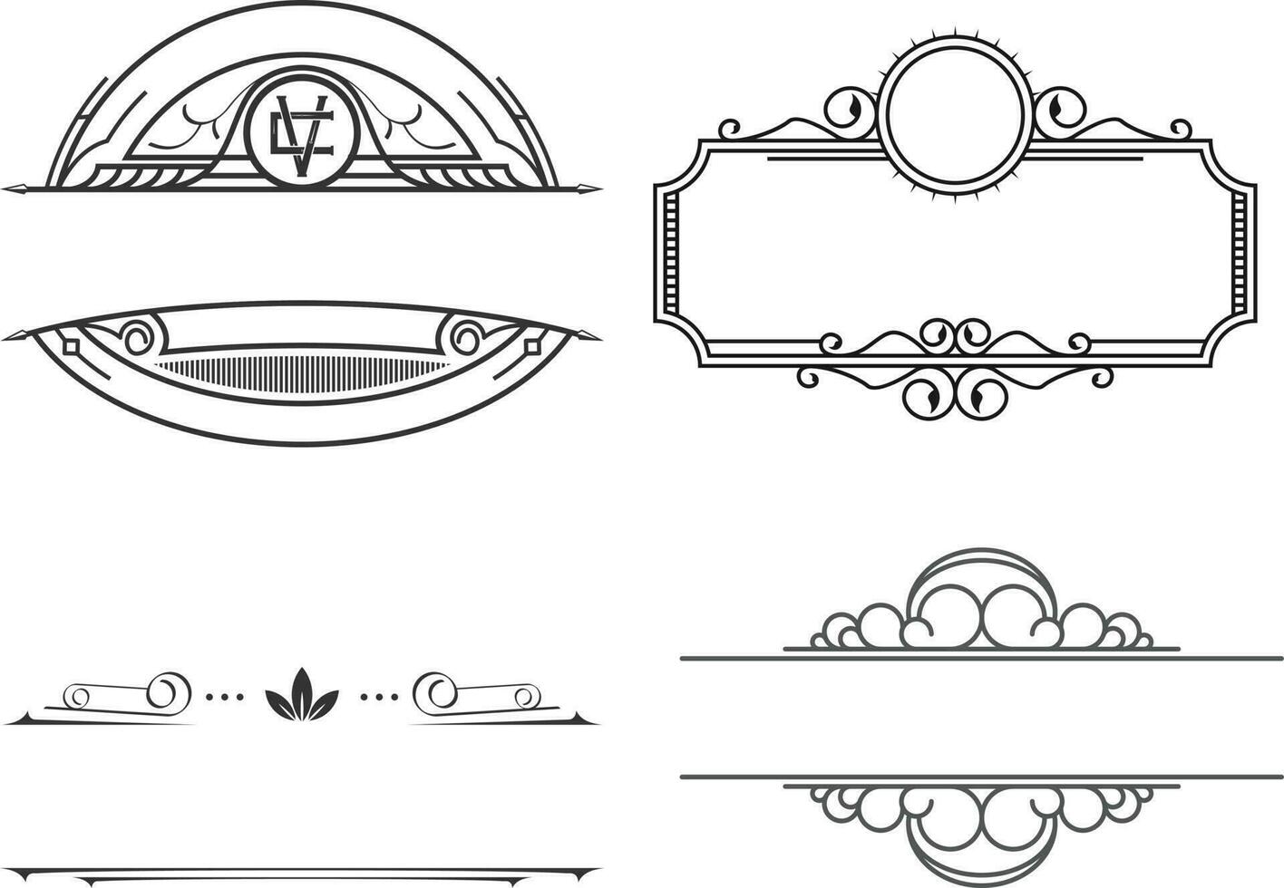 set of elements. Set of vintage frames and borders. Vector illustration in line art style.