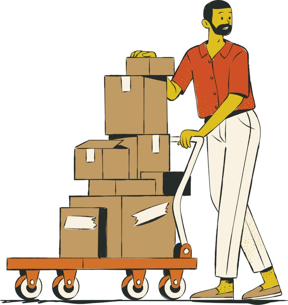 Delivery man with boxes on hand truck. Flat style vector illustration.