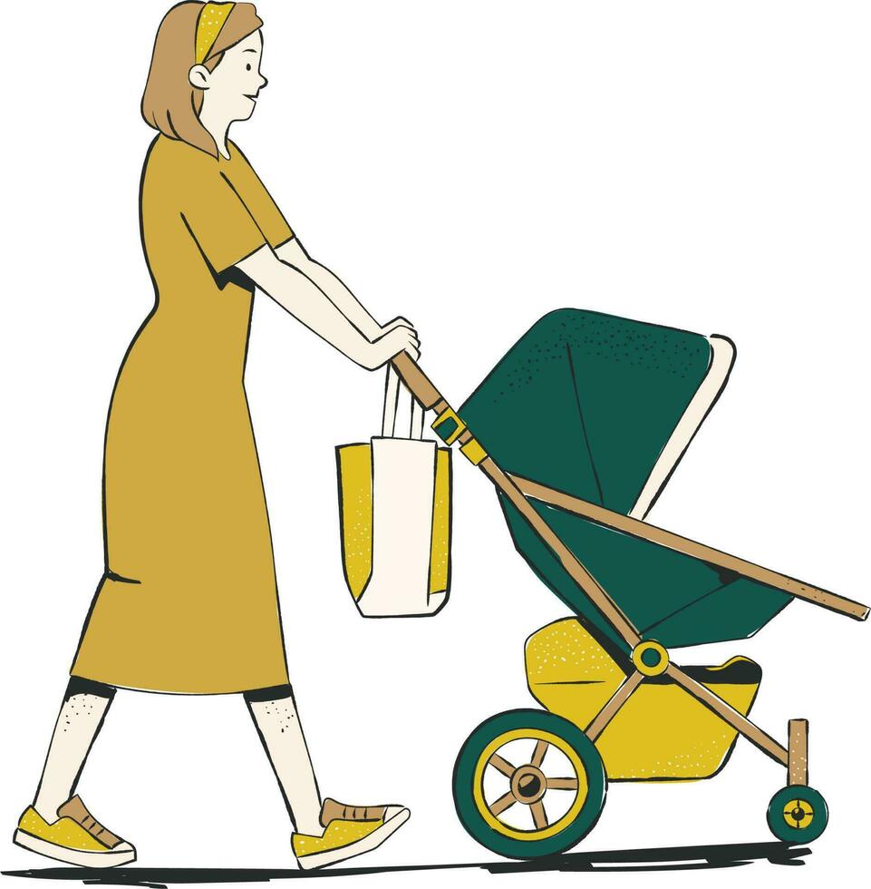 Mother walking with baby stroller. Vector illustration in flat style.