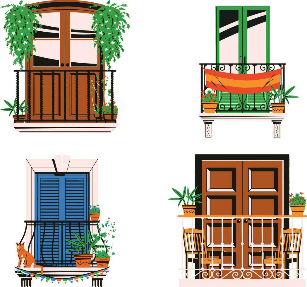 Set of balcony with flowers and plants. Vector illustration in flat style