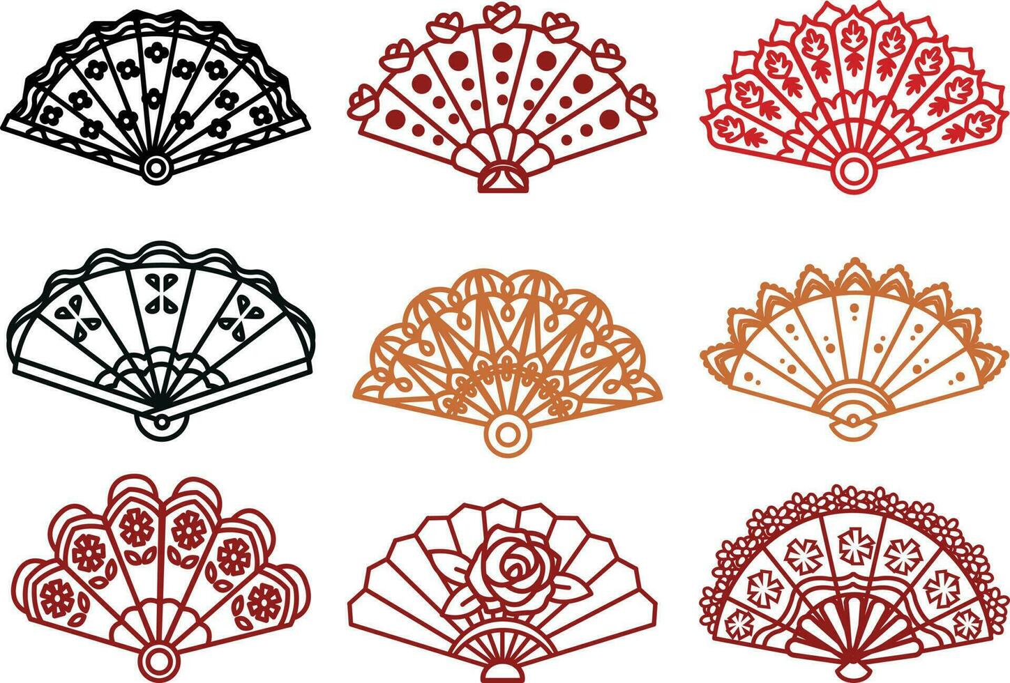 Japanese hand fan vector icon set. Hand drawn asian fan collection.