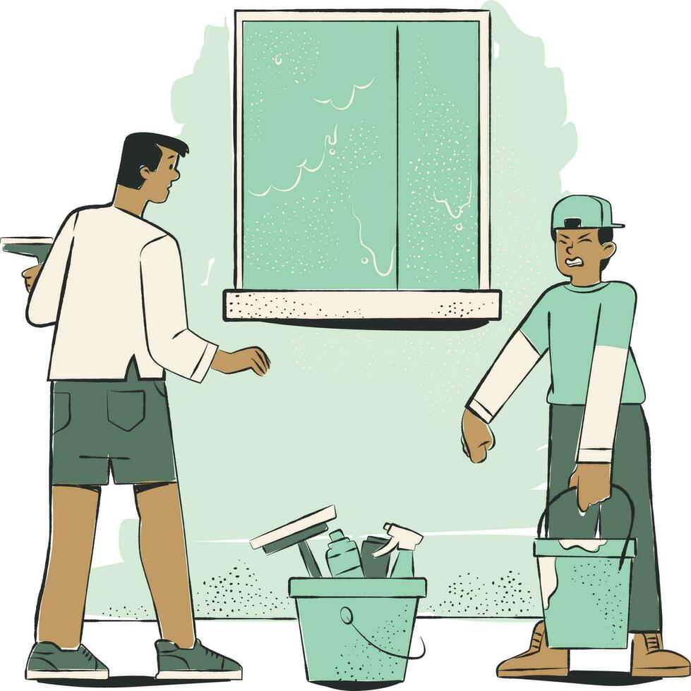 Cleaning service concept. Vector illustration in flat cartoon style. Man and woman cleaning the house.