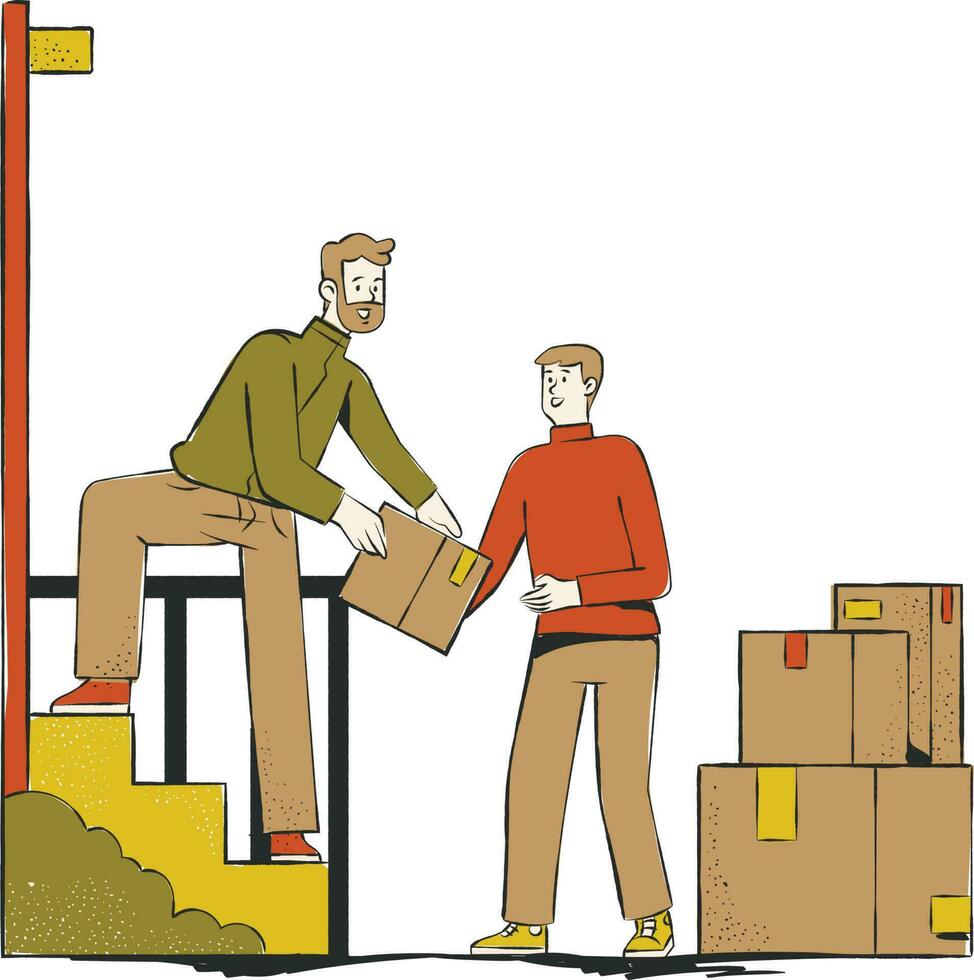 Vector illustration of a man and a man on a forklift.