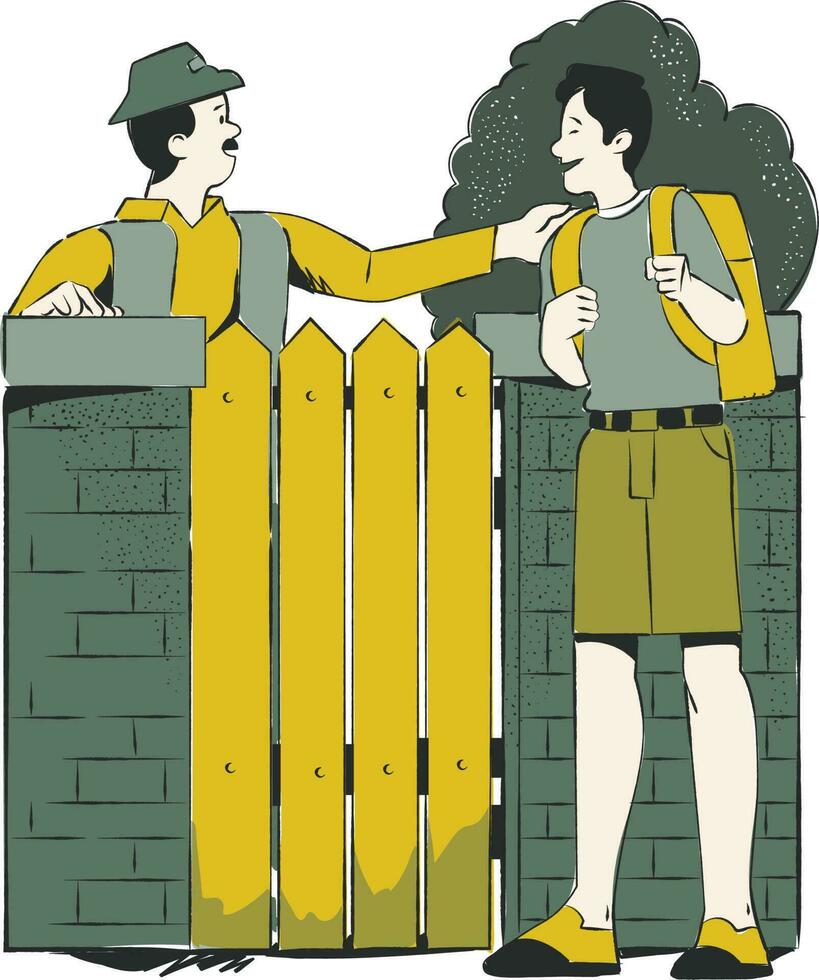 Vector illustration of a man and woman standing next to a fence.