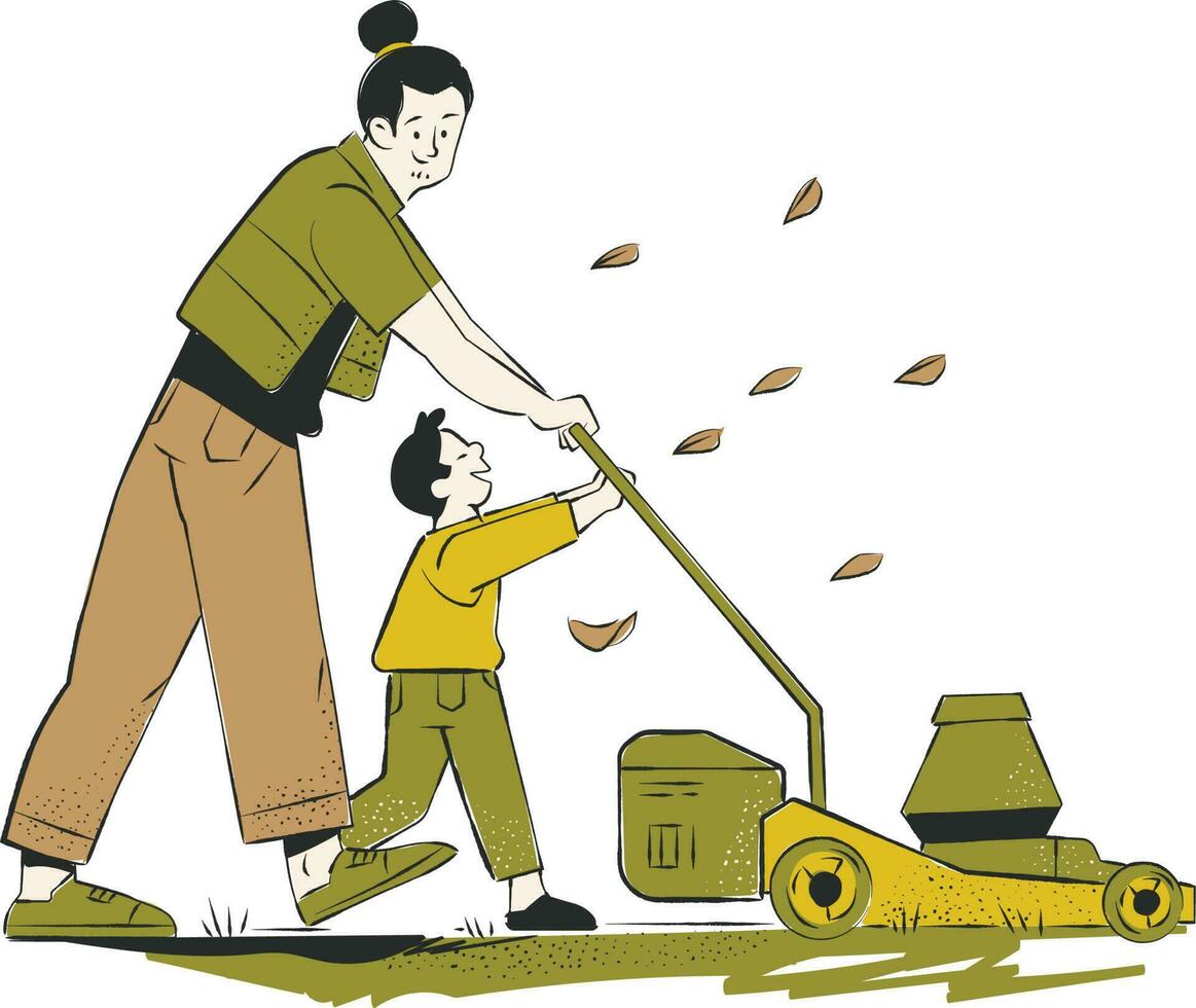 Illustration of a father and son mowing the lawn with a lawn mower vector