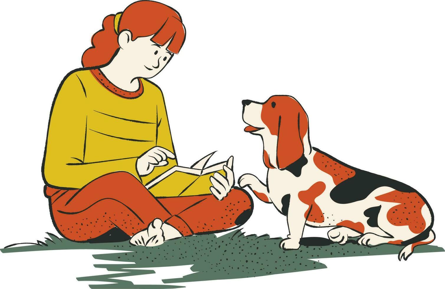Woman and dog sitting on the floor. Vector illustration in a flat style.