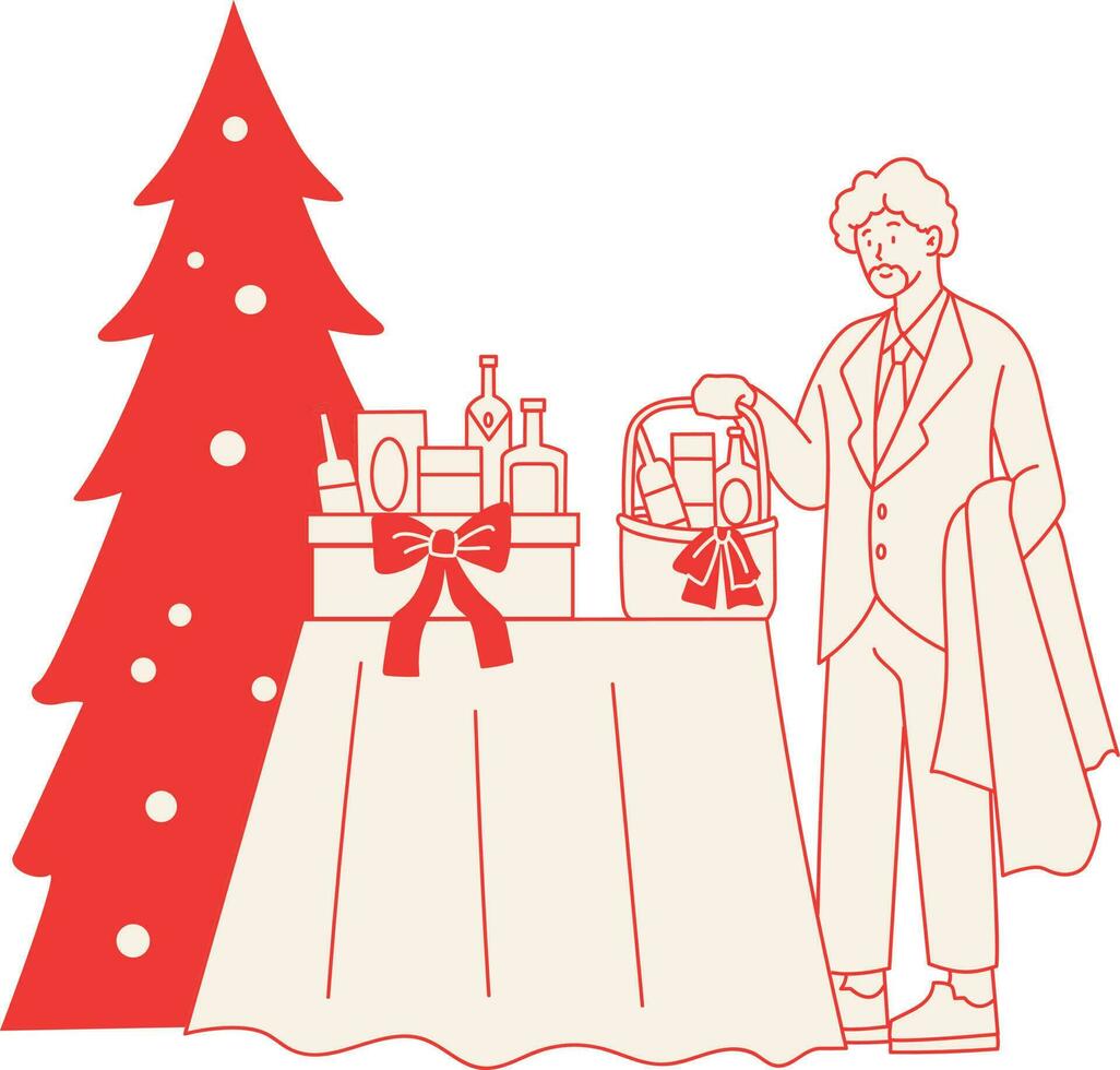 vector ilustración de un hombre en un traje y un mujer en un piel Saco con un Navidad árbol.