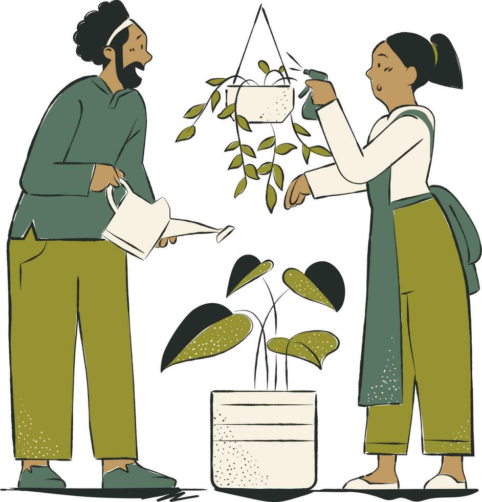 vector ilustración de un hombre y un mujer riego un planta en un maceta. ambiente día