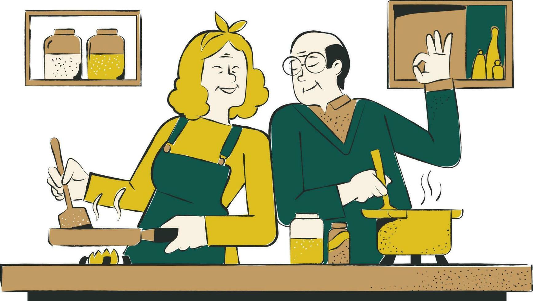 Vector illustration of a man and a woman cooking in a restaurant.