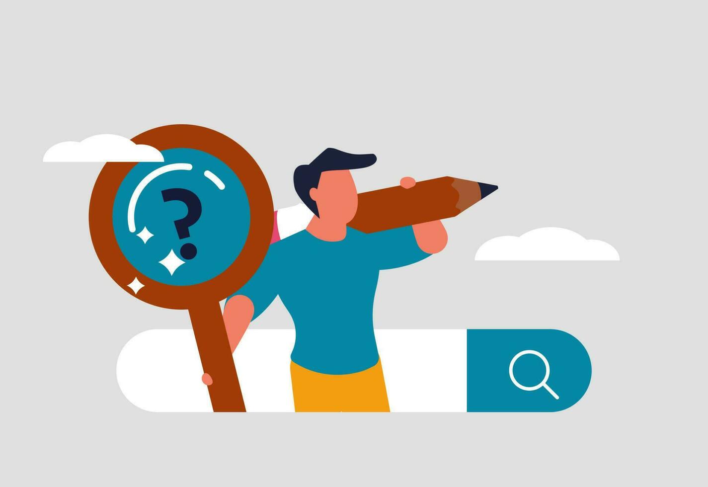 Internet search and research, search engine. Search for information or a new job remotely. A man with a magnifying glass visits sites and receives data. Vector illustration concept